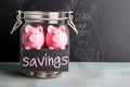 Group of pink piggy banks in a glass jar, inscription \
