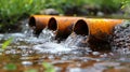 A group of pipes that are leaking water into a stream, AI
