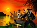 A group of pirates is arriving on the island, searching for the treasure, 3d illustration Royalty Free Stock Photo