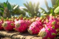 Group of pitaya fruits harvested from an organic farm. Harvesting ripe red cactus fruits in summer. Generative AI Royalty Free Stock Photo