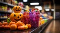 A group of plastic pumpkins and plastic bottles on a counter