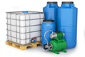 Group of plastic water tanks and pumping station