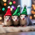A group of playful ferrets wearing tiny elf hats while exploring a holiday-themed play area4