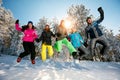 Playful friends jumping in the snow Royalty Free Stock Photo