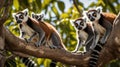 Ring-tailed lemurs family portrait on a branch, enjoying the sunshine and each other\'s company Royalty Free Stock Photo