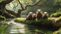 Three Adorable Otters Resting on Mossy Log in Serene River Royalty Free Stock Photo