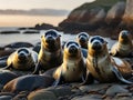 A group of playful seals basking on a rocky beach at dusk