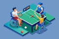 Group Playing Intense Game of Ping Pong, Paralympic table tennis Customizable Isometric Illustration