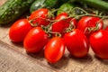 Group of plum Roma tomatoes ripe on a vine, on a wooden table Royalty Free Stock Photo