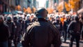 Group of police officers in riot gear managing an manifestation. Generative AI Royalty Free Stock Photo