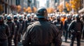 Group of police officers in riot gear managing an manifestation. Generative AI Royalty Free Stock Photo