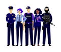 Group of policemen characters isolated on modern background in trendy flat style. Royalty Free Stock Photo