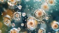 A group of pollen grains floating in a droplet of water giving a mesmerizing view of their minuscule size and spherical