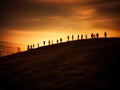 Group of poor refugees in a sunset light. People walking from war or powerty