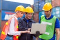 Group of Port Container Ship Yard Colleague Workers working together join teamwork control operate solving problem