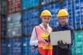 Group of Port Container Ship Yard Colleague Workers working together join teamwork control operate solving problem