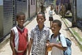 Group portrait of cheerful boys in Brazilian slum