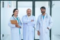 Group portrait of diverse male and female doctors in white medical uniforms standing in hospital corridor smiling and looking at Royalty Free Stock Photo