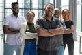 Group portrait of five african business colleagues standing in a row in office