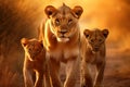 Group portrait of Lioness with cubs in the sunset light. Lions in their natural habitat