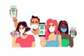 Group portrait of people demonstrates phones with confirmation of vaccination and immunity. Electronic health passport, qr code,