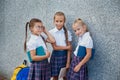 Group portrait of pre-adolescent school kids smiling in front of the school building. Back to schooll Royalty Free Stock Photo