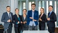 Group portrait of six business people team standing together in office with elegance manners. Idea foar teamwork in modern