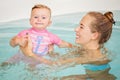 Group portrait of white Caucasian mother and baby daughter playing in water diving in swimming pool inside, looking in camera Royalty Free Stock Photo