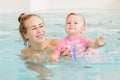 Group portrait of white Caucasian mother and baby daughter playing in water diving in swimming pool inside, training to swim Royalty Free Stock Photo