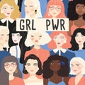 Group of portraits of diverse women, fight for equality concept, girl power message, feminism, vector illustration