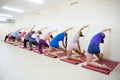 Group of positivel people practicing yoga in gym