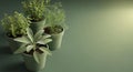 Group of Potted Herbs and Plants on a Green Surface Royalty Free Stock Photo