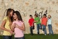 Group of pre teens whispering Royalty Free Stock Photo