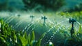 A group of precision sprinklers synced with a smart irrigation controller carefully dispersing water across a large farm Royalty Free Stock Photo