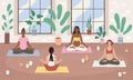 Group pregnancy yoga. Future moms team relax in lotus pose, female meditation, relaxed women characters, spirit balance and peace