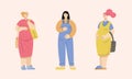 Group of pregnant women dressed in casual city style - dress, overall, sundress, sneakers, slip-ons, mules.