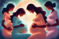 Group of pregnant women supporting each other and embracing the third trimester Royalty Free Stock Photo