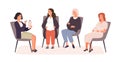 Group of pregnant women visited childbirth or psychology support courses vector flat illustration. Female couch speaking