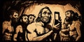 Group of prehistoric human or neanderthal taking selfie picture with mobile phone in funny emotion