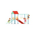 Group of preschool kids, boys and girl playing at playground with slide and stairs in kindergarten yard. Cartoon flat