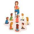 Group of Preschool Kids Sitting on Floor,Teacher Sitting on Chair and Reading Book to Children Vector Illustration Royalty Free Stock Photo