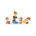 Group of preschool kids and teacher sit on carpet and learn letters. Speech and language therapist job. Vector flat