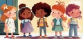 Group of preschooler girls standing in a row in front of school building. Childrens book cartoon illustration, generative AI