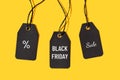 Price tags with Black friday sale text isolated on yellow background Royalty Free Stock Photo