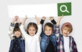 A group of primary schoolers holding a search bar Royalty Free Stock Photo