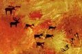 Group of primitive people hunts a herd of hoofed animals of deer and moose. Stylization of cave rock art Royalty Free Stock Photo