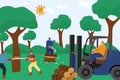 Group of professional lumberjack worker character work together timber harvest, hard work sawn wood flat vector