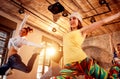 Professional people training modern dances jumping during music