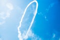 A group of professional pilots of military aircraft of fighters on a sunny clear day shows tricks in the blue sky, leaving beauti Royalty Free Stock Photo