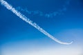 A group of professional pilots of military aircraft of fighters on a sunny clear day shows tricks in the blue sky Royalty Free Stock Photo